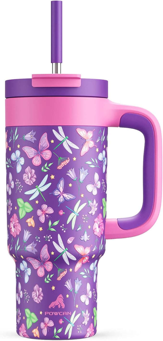 24 oz Insulated Tumbler for Kids: Spill-Proof, 2-in-1 Straw Lid, Cold for 26 Hrs by POWCAN