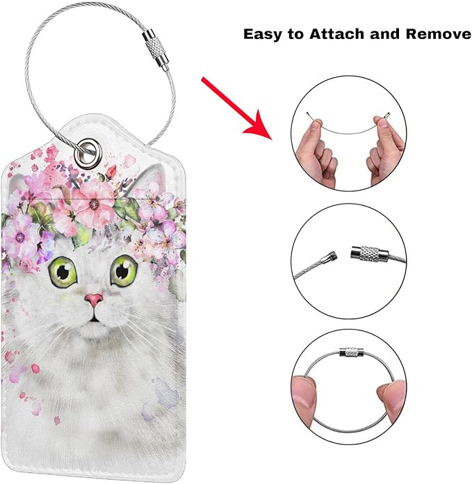 2 Pcs Cute White Cat with Pink Flowers Pattern Leather Luggage Tags, Funny - Image 3
