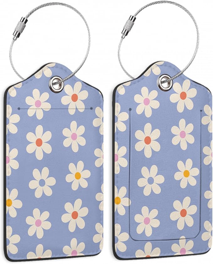 2 Pack Luggage Tag for Suitcase, Groovy Daisy Flowers Leather Bag Tags by TXIANT