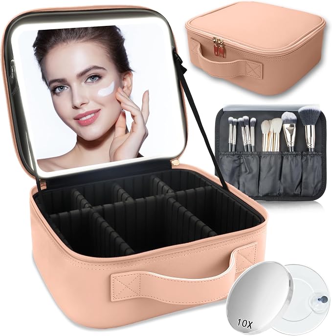 Makeup Bag with Led Mirror, Travel Makeup Organizer with 3 Color Setting & 10X by SUILU