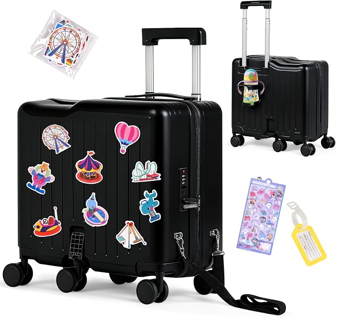 Kids Ride-On Luggage, Foldable Pedal, Hidden Cup Holder & Combination Lock by smilesun