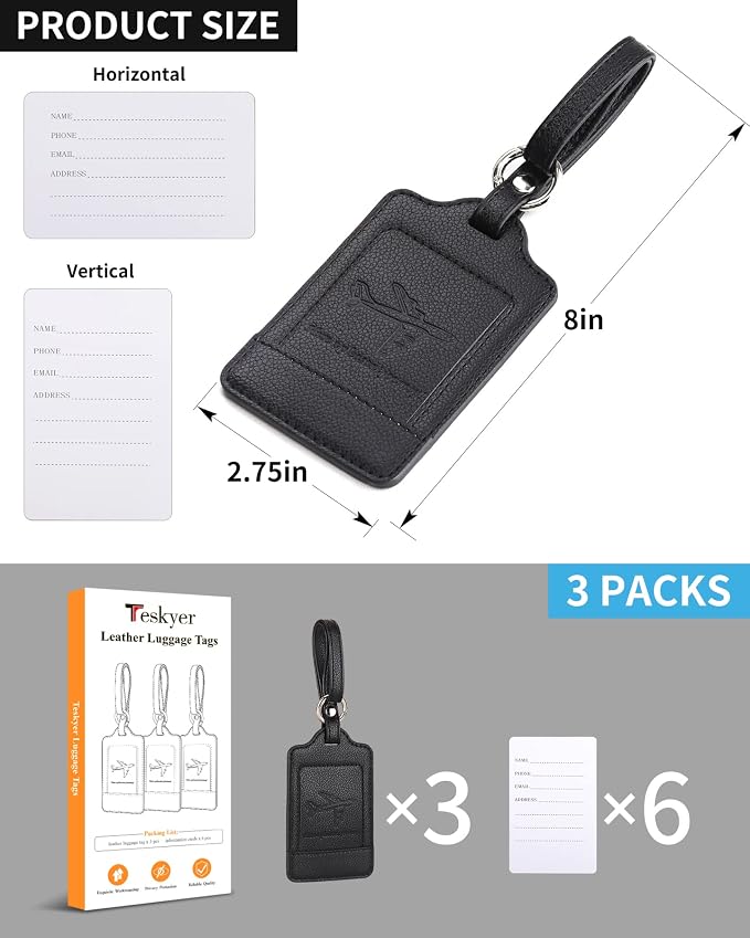 Teskyer Luggage Tags, 3 Pack Premium PU Leather Luggage Tags - Image 7