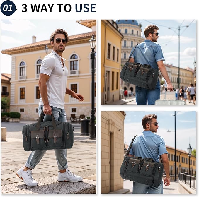 Canvas Duffle Bag with Genuine Leather Accents, Expandable 20-23 Inch Travel - Image 2