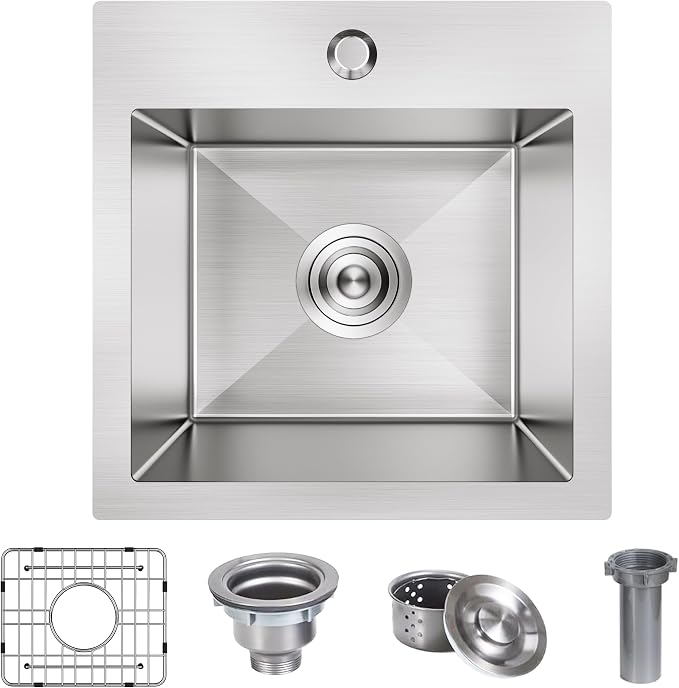 15x15 inch Drop in Bar Sink, 15 inch Small Kitchen Sink Topmount 18 Gauge by Winnpex
