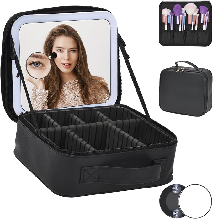 Travel Makeup Bag With LED Mirror, Cosmetic Train Case with 3 Color Setting by Unknown