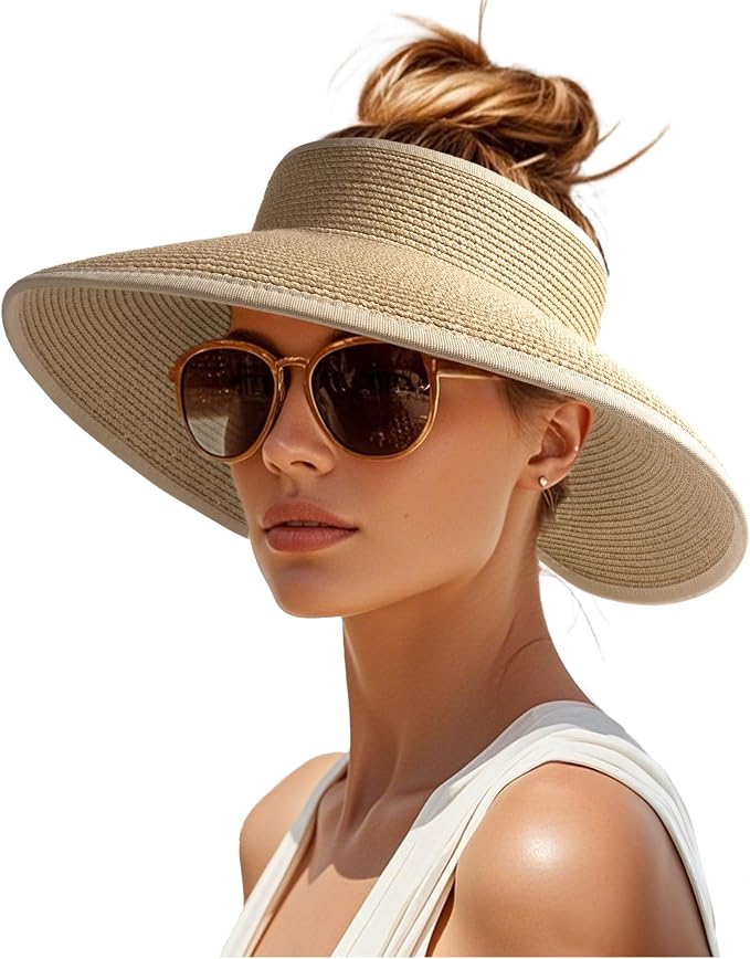 Womens Sun Visor Hats Wide Brim Straw Beach Hat UV Protection Ponytail Packable by FURTALK