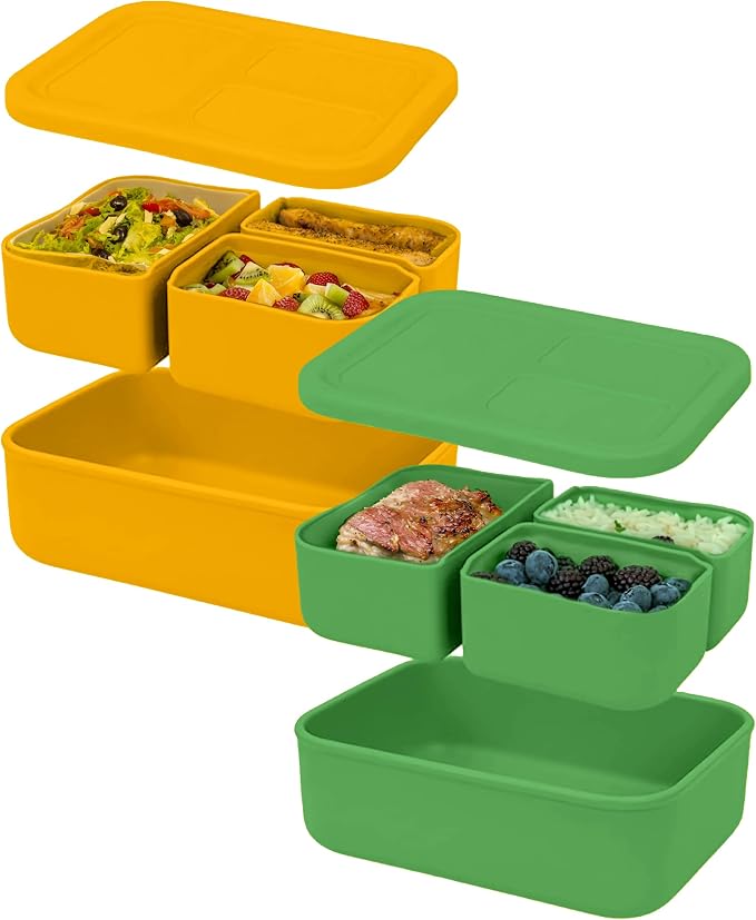 Platinum Silicone Bento Lunch Box Set of 2 – 3 Compartments, Microwave & by VERSATYLE