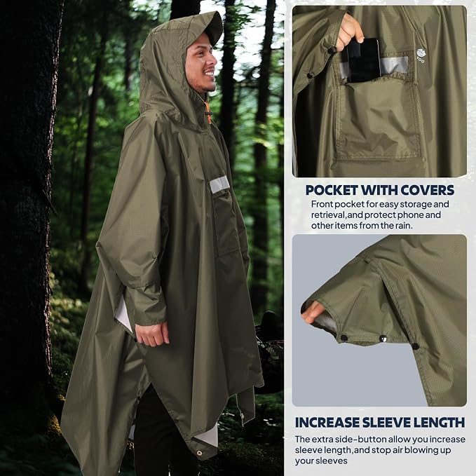 ANYOO Hooded Rain Poncho for Adults Waterproof Lightweight Rain Coat for Men - Image 6