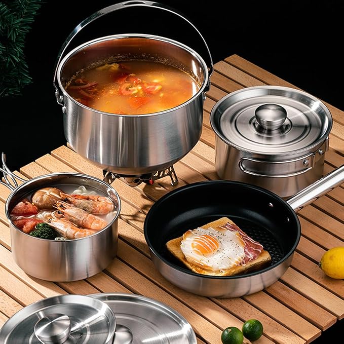 304 Stainless Steel Camping Cookware Set, Pots and Pans - Image 2