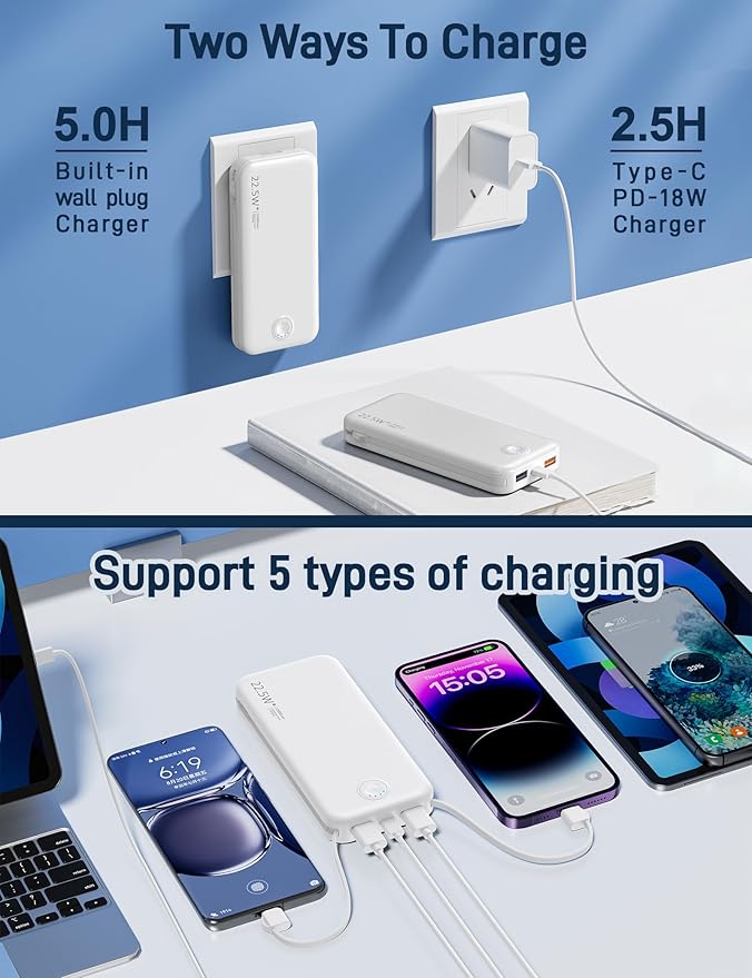 Portable Charger with Built in Cable and AC Wall Plug, USB C Power Bank - Image 5