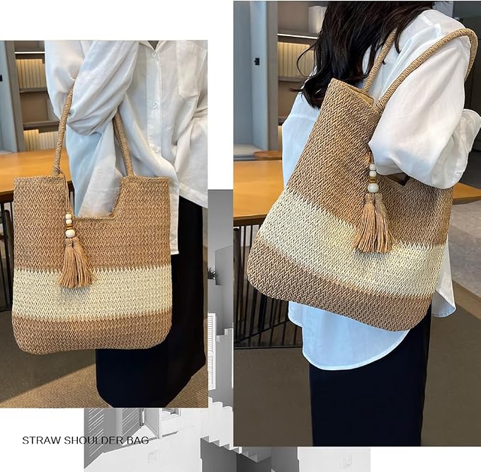 Straw Beach Bags for Women Woven Beach Tote Bag Casual Boho Large Shoulder - Image 7