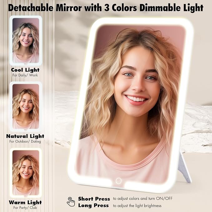Large Travel Makeup Bag with LED Mirror, 3-Color Stepless Dimming Stand Mirror - Image 2