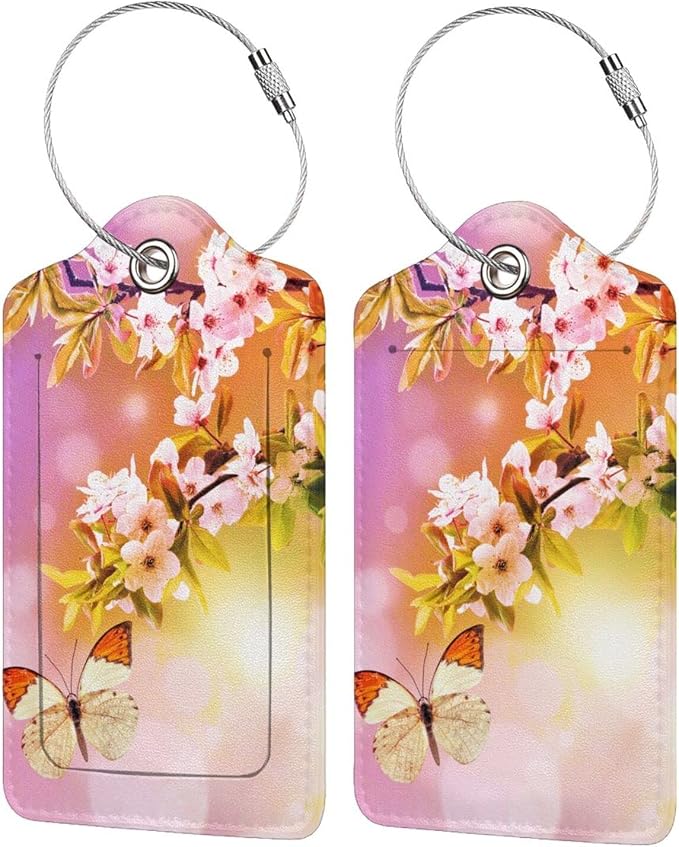 2 Packs Beautiful Spring Flowers PU Leather Luggage Tags Butterfly Suitcase by SNAPMADE