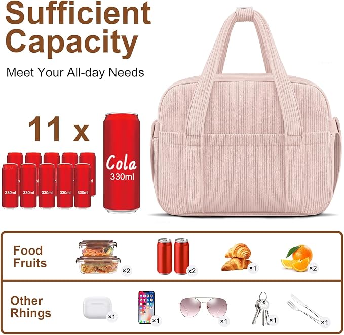 Corduroy Lunch Box Lunch Bag for Women Men, Cute Strawberry Small Insulated - Image 2