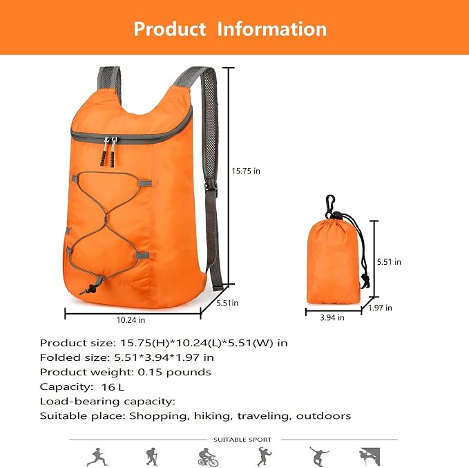 16L Hiking Daypack Lightweight Foldable Travel Backpack Water Repellent Camping - Image 7