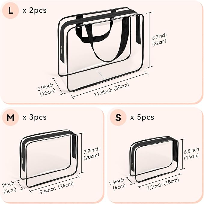 TISRATOK 10 PCS Clear Travel Makeup Toiletry Bag, Plastic PVC Cosmetic TSA - Image 2