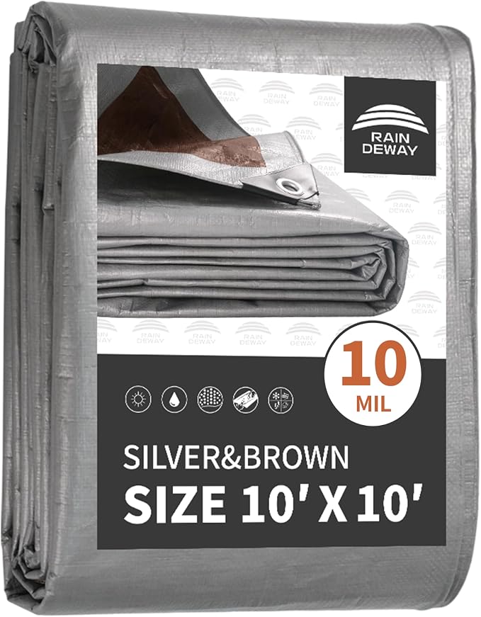 RAINDEWAY Tarps Heavy Duty Waterproof 10x10 Feet, 10Mil Multipurpose Poly Tarp by RAINDEWAY