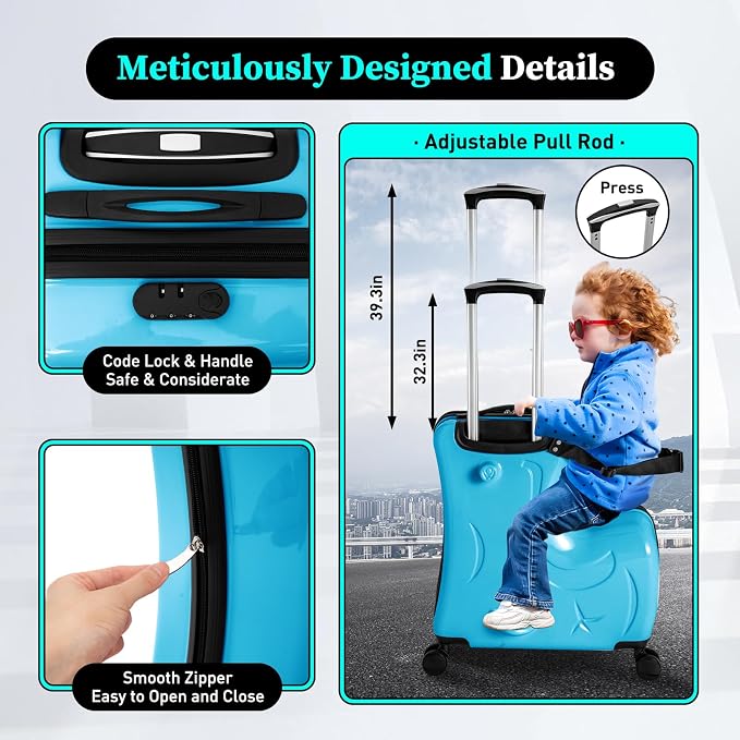 CNCEST 20"/24" Kid's Ride-on Travel Suitcase, Travel Rolling Luggage - Image 6