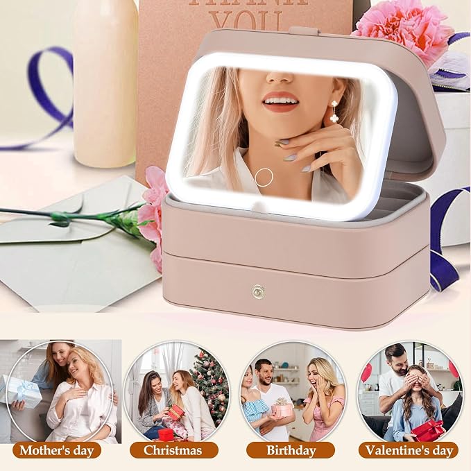 Travel Jewelry Case with LED Lighted Mirror, Personalized Birthday Gifts - Image 7