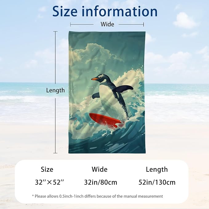 WZOMT Microfiber Penguin Beach Towel Oversized, Cute Penguin Surfing Ocean - Image 3