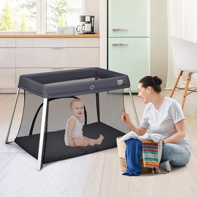 BABY JOY Baby Foldable Travel Crib, 2 in 1 Portable Playpen - Image 2