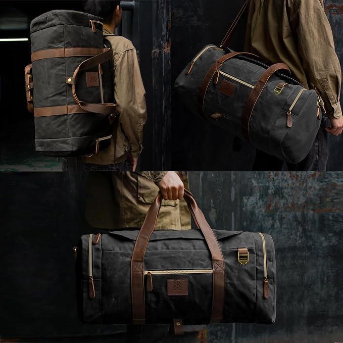 60L Duffle Bag for Men, Nomad Waxed Canvas Travel Duffel Bag Vintage Genuine - Image 3
