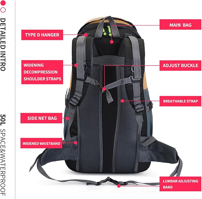 Bseash 50L Hiking Backpack, Water Resistant Lightweight Outdoor Sport Daypack - Image 7