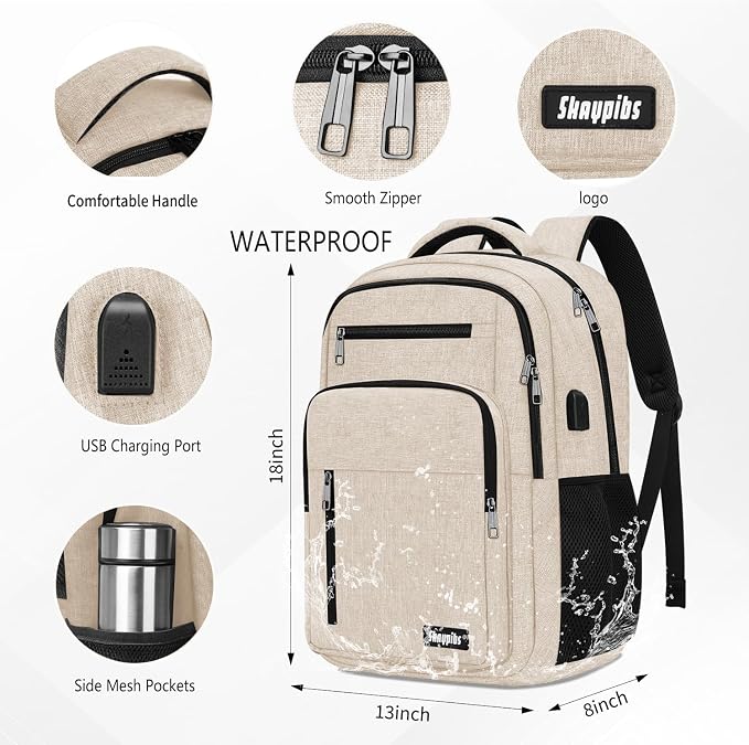 Beige Backpack for Men Women, School Backpack for Boys Girls Teens, 15.6 Inch - Image 3