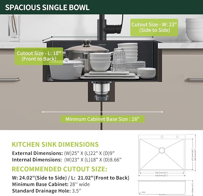Black Drop-In Kitchen Sink 25 x 22 inch, SINKVINE PVD Nano Stainless Steel Sink - Image 4