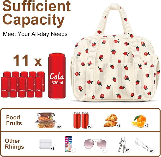 Corduroy Lunch Box Lunch Bag for Women Men, Cute Strawberry Small Insulated - Image 2