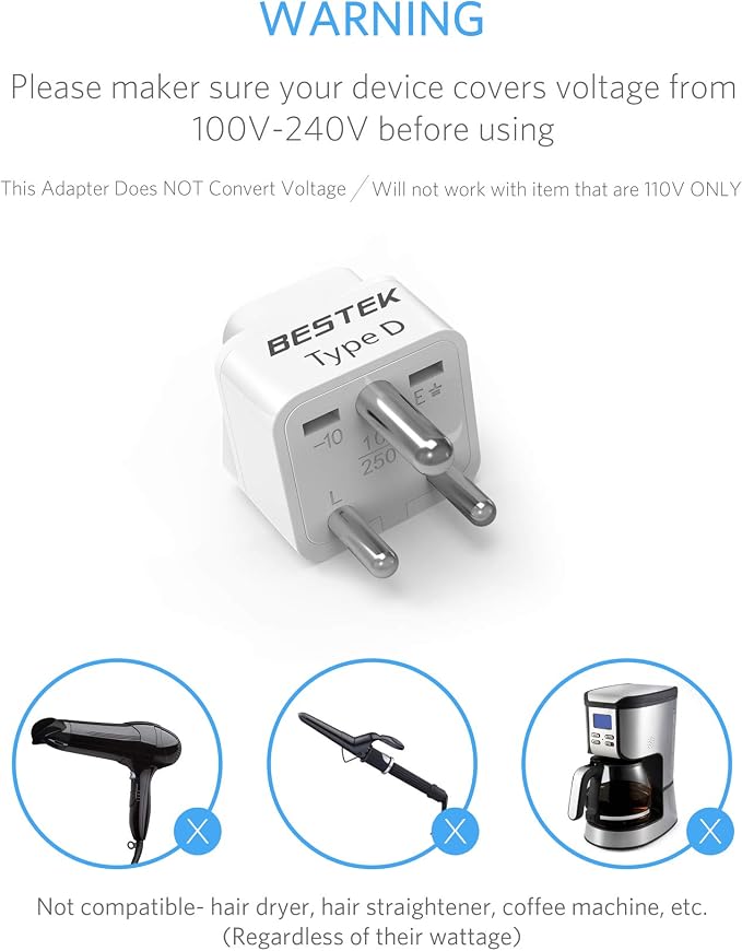 BESTEK India, South Africa Travel Plug Adapter, Grounded Universal Type D Plug - Image 6