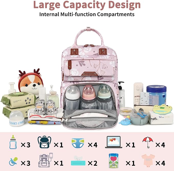 Diaper Bag Backpack for Baby Girl, Large Pink Floral Baby Diaper Bags, Baby - Image 3