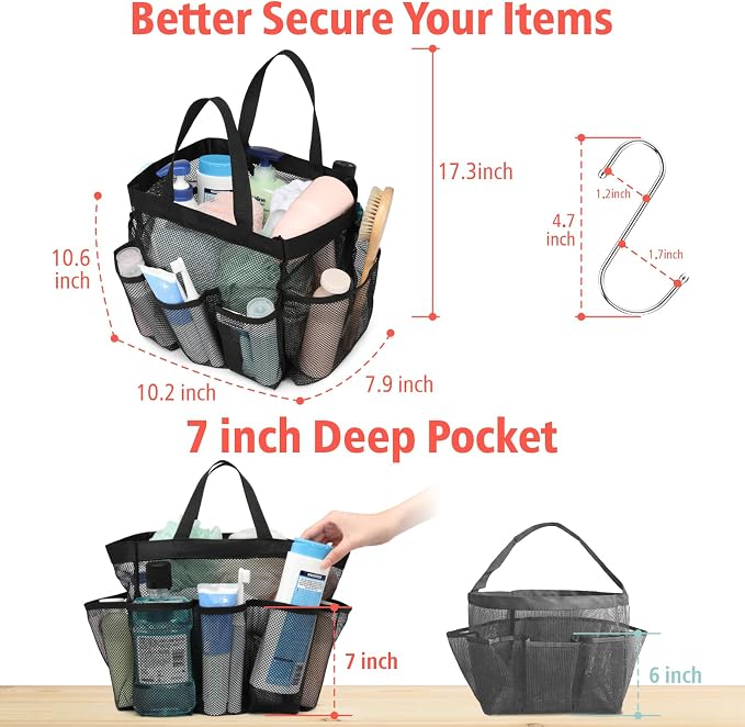 F-color Mesh Shower Caddy Portable, Upgrade Deeper 7 Pockets Shower Bag Basket - Image 5