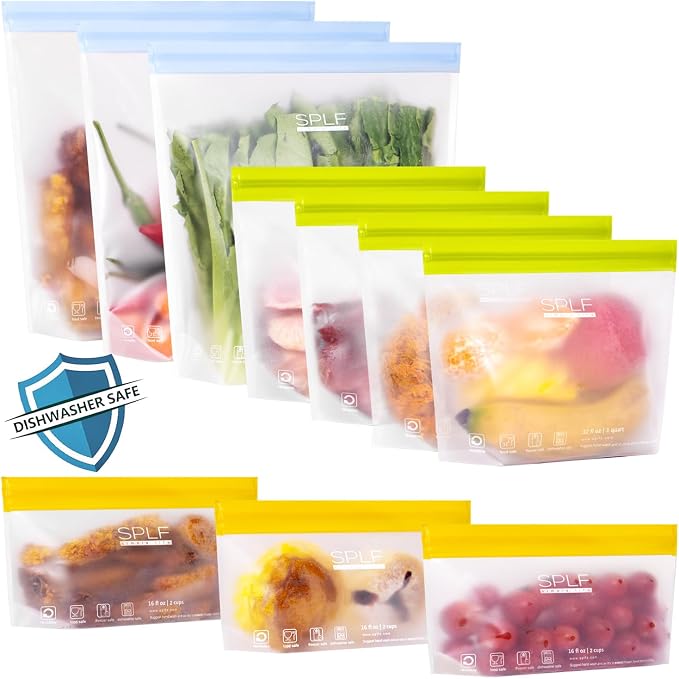 SPLF 10 Pack Stand-Up Reusable Food Storage Bags Dishwasher Safe, BPA Free by SPLF