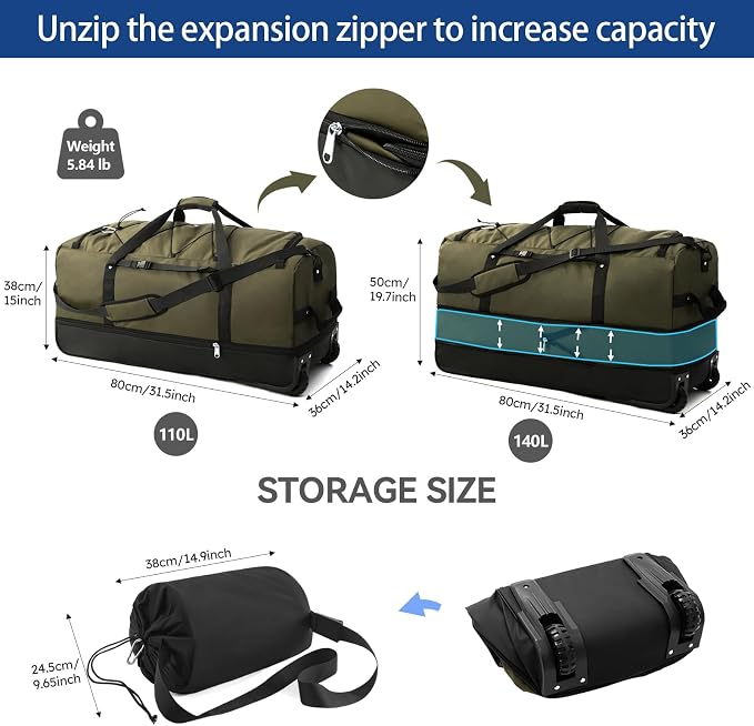 110L Expandable to 140L 32” Foldable Oxford Soft-Sided Rolling Duffle Bag - Image 2
