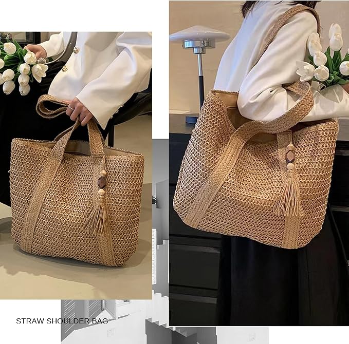 Straw Beach Bags for Women Woven Beach Tote Bag Casual Boho Large Shoulder - Image 7