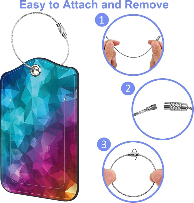 2 Pack Luggage Tag for Suitcase Polygonal and Rainbow Color Rhombus Leather - Image 4