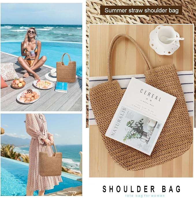 Straw Beach Bags for Women Woven Beach Tote Bag Casual Boho Large Shoulder - Image 5