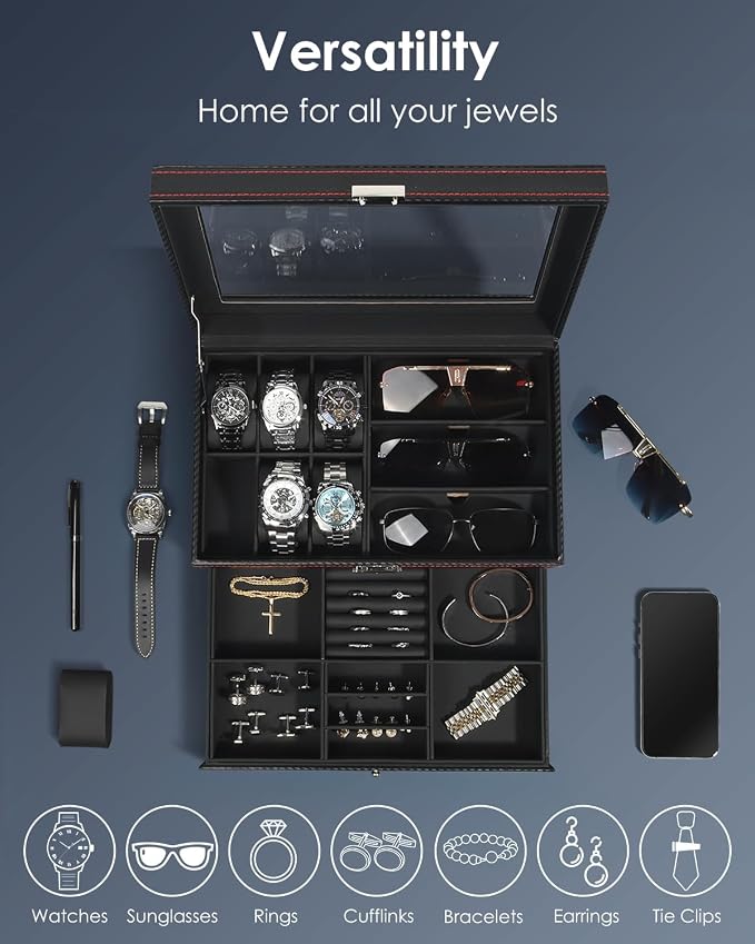 Watch Jewelry Box Organizer, 6-Slot 2-Layer Watch Case and Sunglasses Storage - Image 3