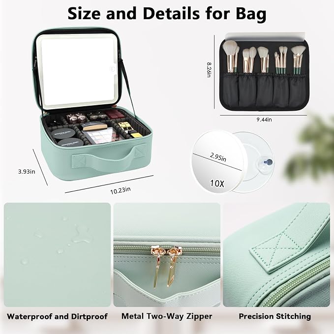 Travel Makeup Bag with LED Mirror and 10x magnifying glass with 3 Lighted - Image 5