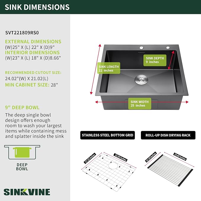 Black Drop-In Kitchen Sink 25 x 22 inch, SINKVINE PVD Nano Stainless Steel Sink - Image 3