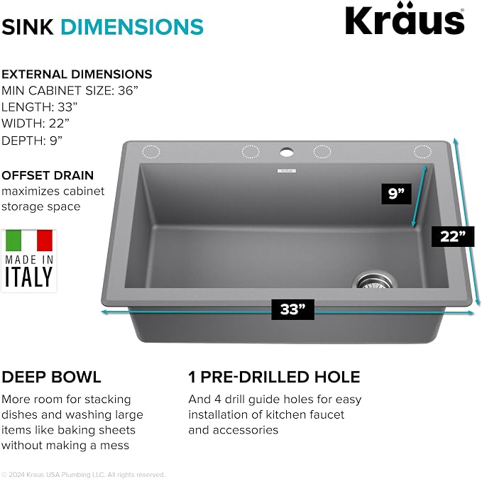 KRAUS Forteza 33-inch Drop In/Undermount Single Bowl Granite Kitchen Sink in - Image 4