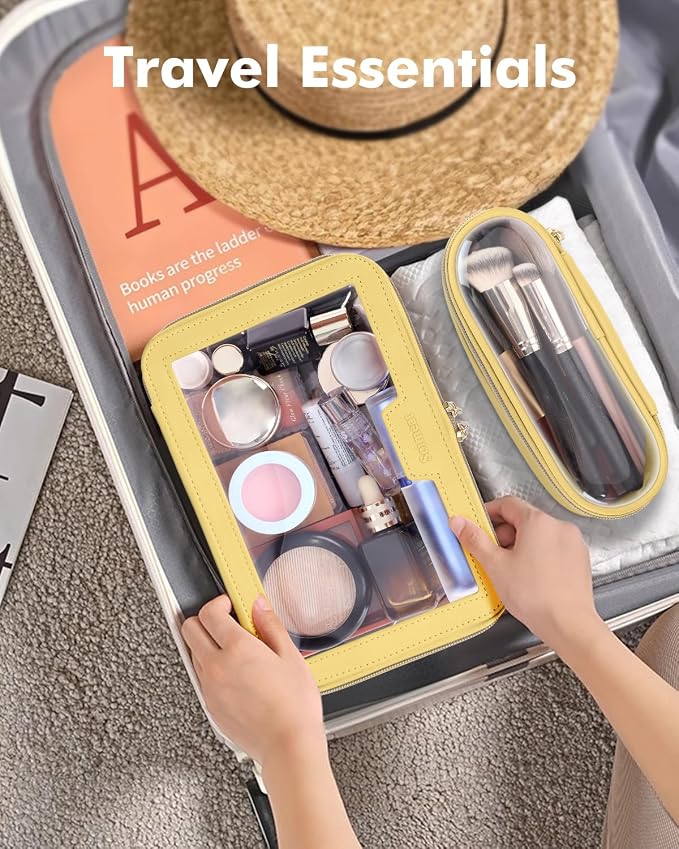 Travel Clear Makeup Bag with Makeup Brush Bag, Leather Makeup Case Toiletry Bag - Image 4