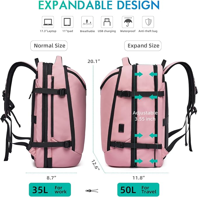 Travel Backpack for Women, 50L Carry On Backpack, Expandable Flight Approved - Image 4