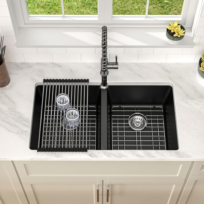 Dcolora 33 inch Quartz Matte Black Granite Composite Double Bowl Undermount - Image 2