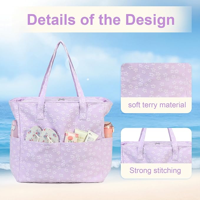 LEDAOU Large Beach Tote Bag Women Waterproof Sandproof Zipper Beach Tote Bag - Image 5