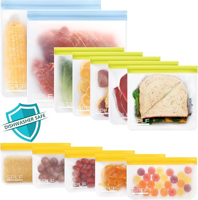 SPLF 12 Pack Dishwasher Safe Reusable Bags Silicone, Leakproof Reusable Freezer by SPLF