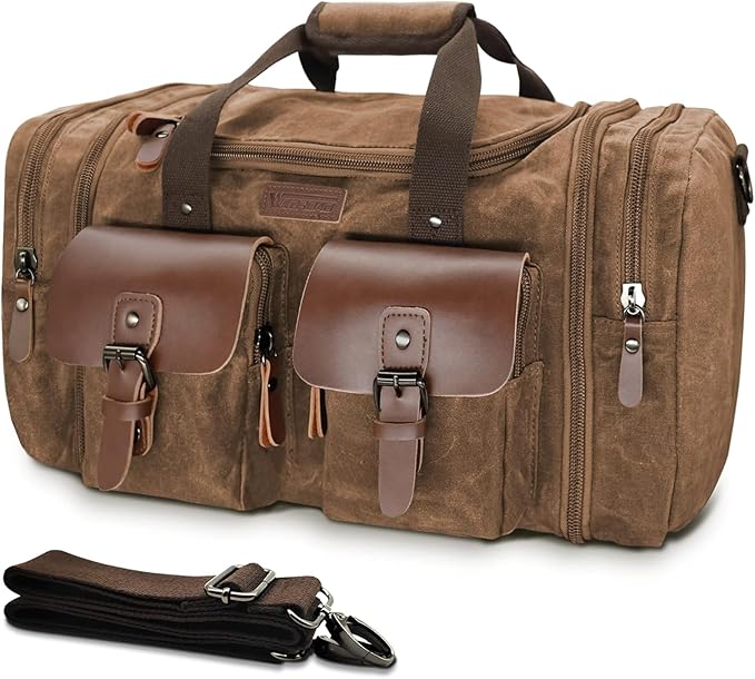 Wildroad Waxed Canvas Duffle Bag - 60L Waterproof Genuine Leather Weekender by WILDROAD