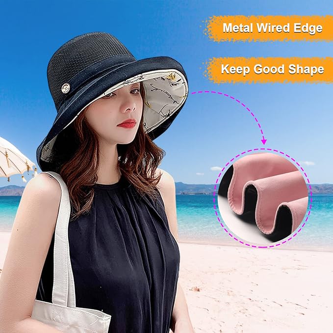 Women Wide Brim Sun Hats Metal Wired Edge Summer UV Protection Beach Fishing Hat - Image 4