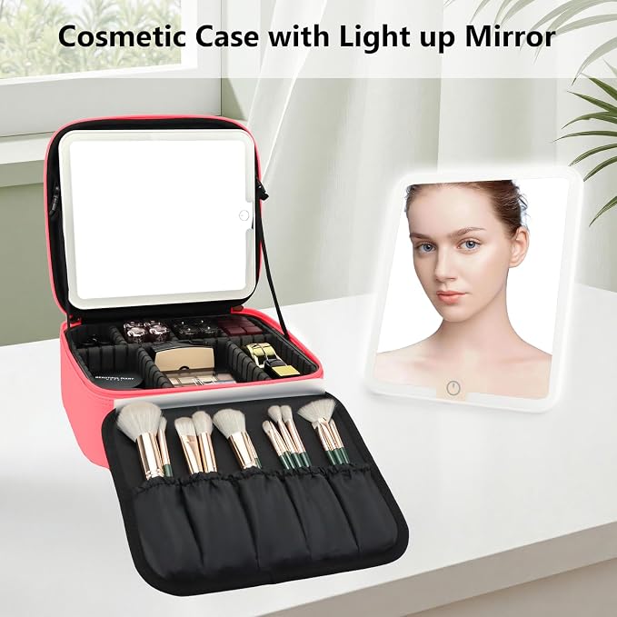 Travel Makeup Bag with LED Mirror Travel Makeup Organizer with 3 Lighted - Image 3